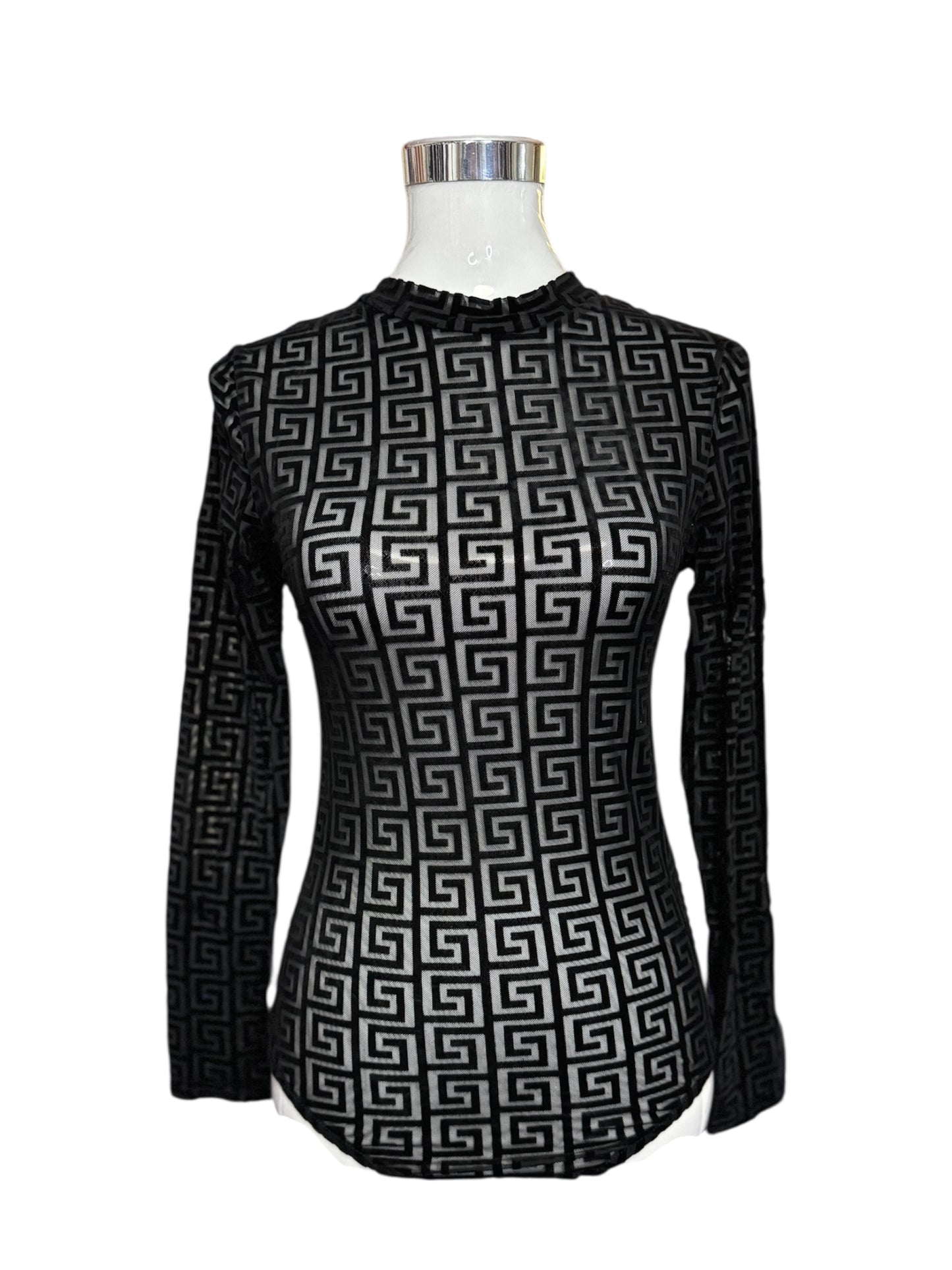 Eleganter Mesh-Body-Pullover in Schwarz mit Statement-Muster