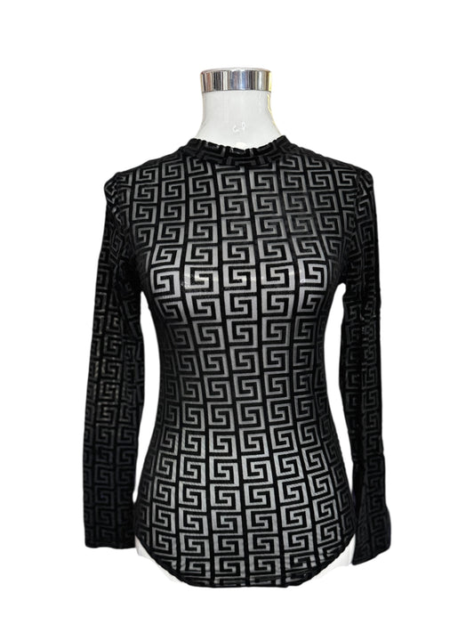 Eleganter Mesh-Body-Pullover in Schwarz mit Statement-Muster